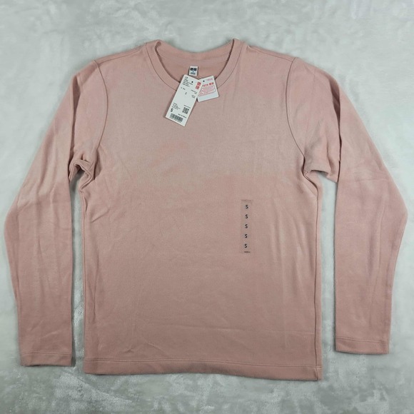 Uniqlo Fleece Crew Neck Tee Women's Small Pink Long Sleeve Heattech Soft NWT - Picture 1 of 8